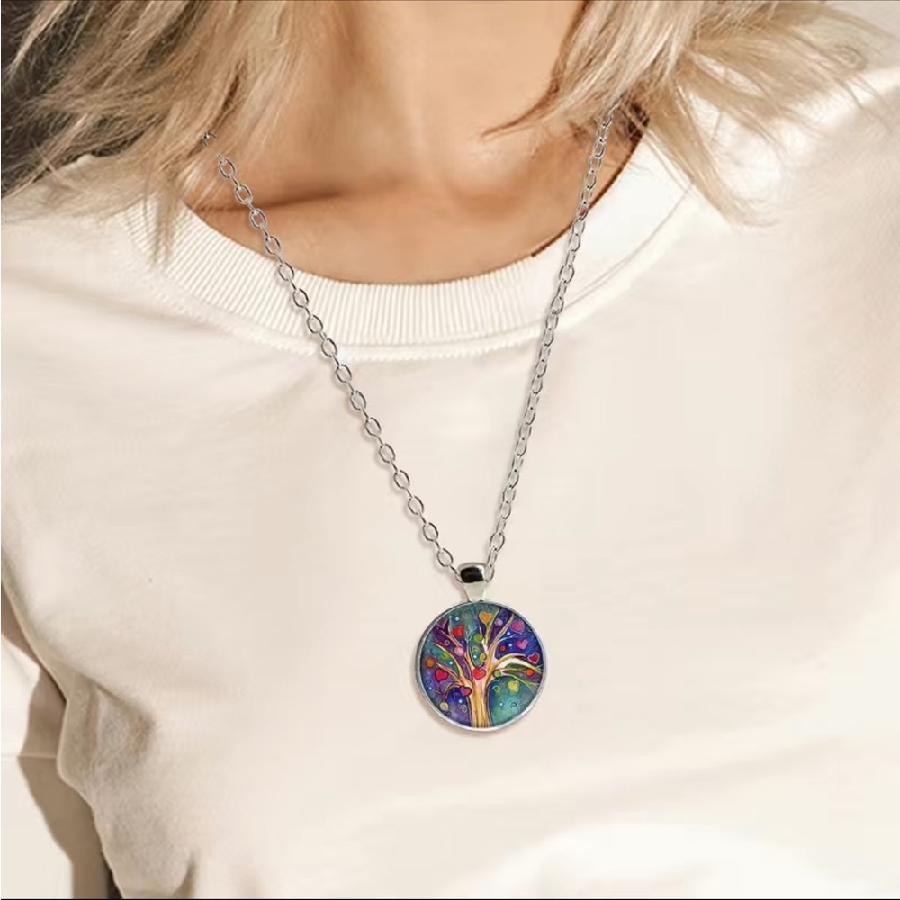 Colorful Tree of Life Pendant Silver Necklace
